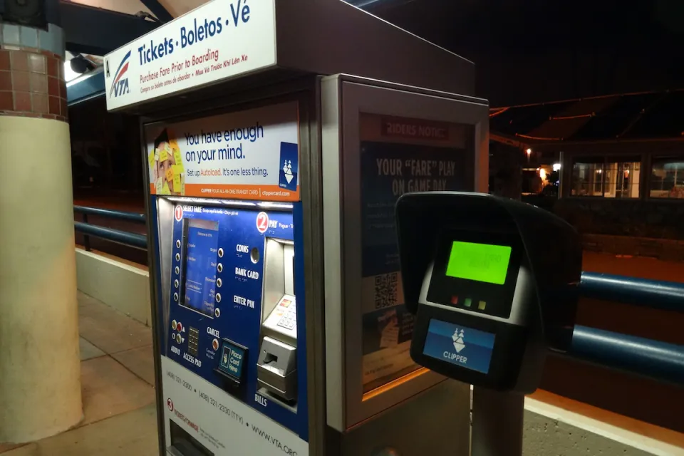 Transit fare purchase box at above-ground transit station in Santa Clara, California.